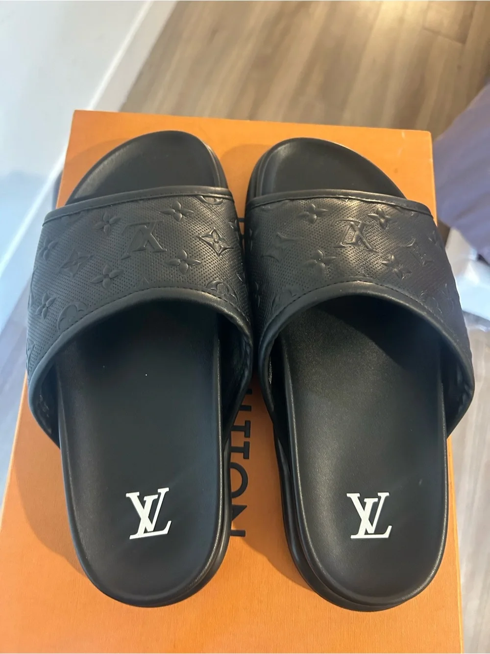 Louis Vuitton Black Embossed Monogram Slide Sandals
